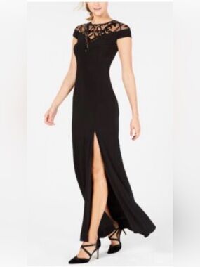 Adrianna Papell Black Lace Yoke Maxi Dress with Front Slit